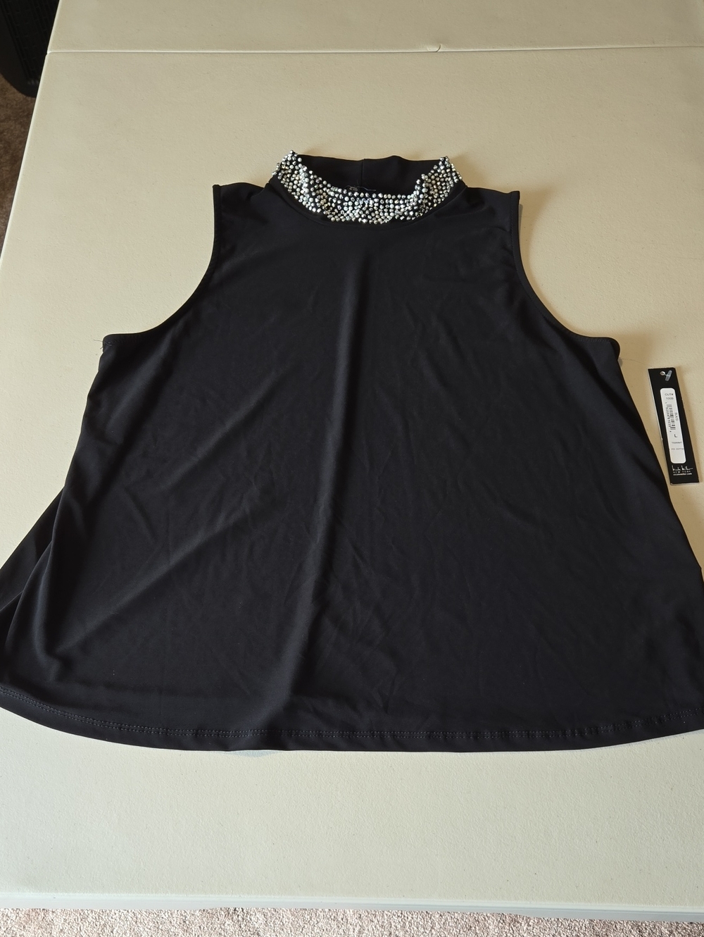 Nicole Miller Sleeveless, Black Beaded Pearl And Crystal Mock-Neck Top